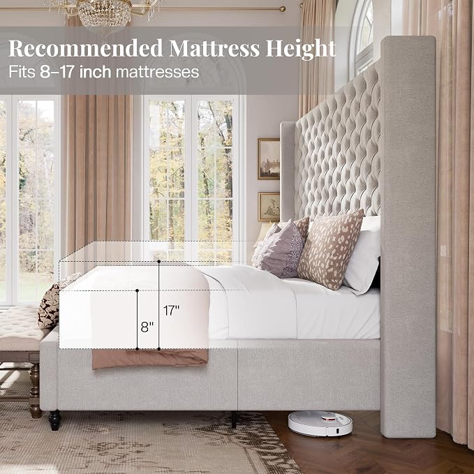 Jocisland California King Size Bed Frame with 65" Tall Headboard, Upholstered Wingback Platform Design, Handcrafted Pleats & Deep Button Tufted, Solid Wood Legs, No Box Spring Needed, Ash White