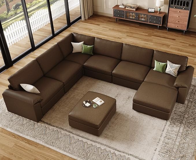 EASE MOOSE Faux Leather Sectional Couch with Ottoman, Oversized Modular Sofa, Vintage Comfy Modular Couch, Scratch Resistant Material Sofas, U Shaped Couch for Living Room, Deep Brown