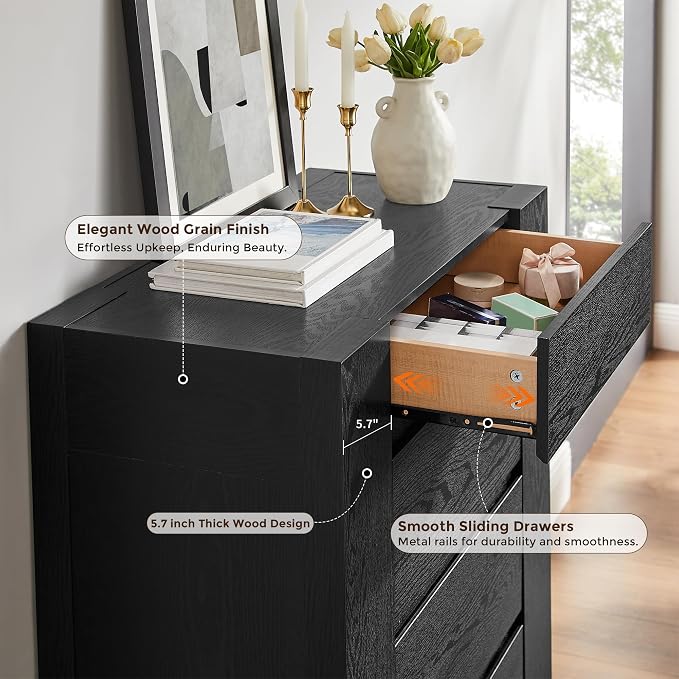 OKD 5 Drawer Dresser for Bedroom, 48" Tall Dresser Chest of Drawers with Thick Wood Design, Handleless, Modern Bedroom Dresser, Storage Organizer for Living Room/Entryway, Black Oak