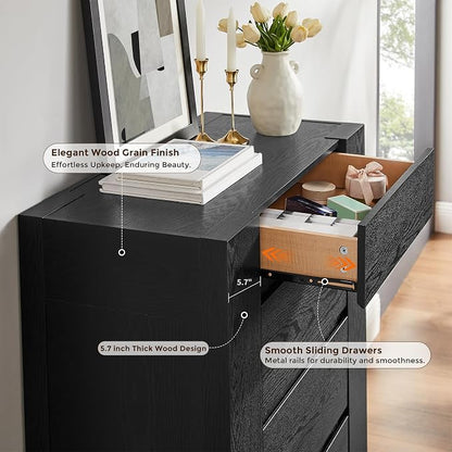 OKD 5 Drawer Dresser for Bedroom, 48" Tall Dresser Chest of Drawers with Thick Wood Design, Handleless, Modern Bedroom Dresser, Storage Organizer for Living Room/Entryway, Black Oak