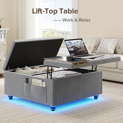 Dnxao Large Square Storage Ottoman with Lift Top,Tufted Velvet Ottoman Coffee Table with Charging Station and LED Lights,Multi-Functional Footrest with Storage Pockets & Tray for Living Room,Gray