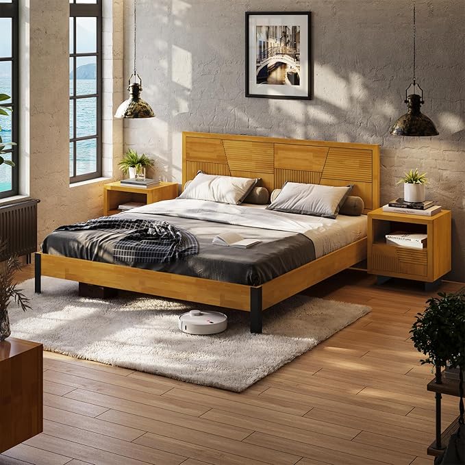 Bme Trapeze King Bed Frame – Modern Solid Wood Bed with Smooth Pattern Headboard, Black Metal Legs, Teak Brown Finish – Durable King Size Platform Bed for Contemporary Bedrooms