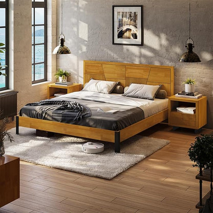 Bme Trapeze King Bed Frame – Modern Solid Wood Bed with Smooth Pattern Headboard, Black Metal Legs, Teak Brown Finish – Durable King Size Platform Bed for Contemporary Bedrooms