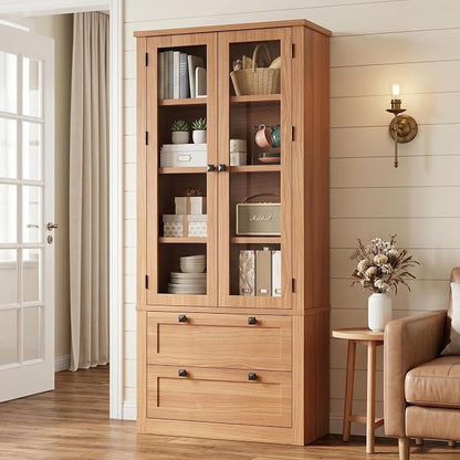 71" Tall Kitchen Pantry Cabinet - Modern Display Storage Cabinet with 2 Large Drawers, Glass Doors, and Adjustable Shelves, Farmhouse Kitchen Cupboard for Dining Room, Bathroom, Living Room, Walnut