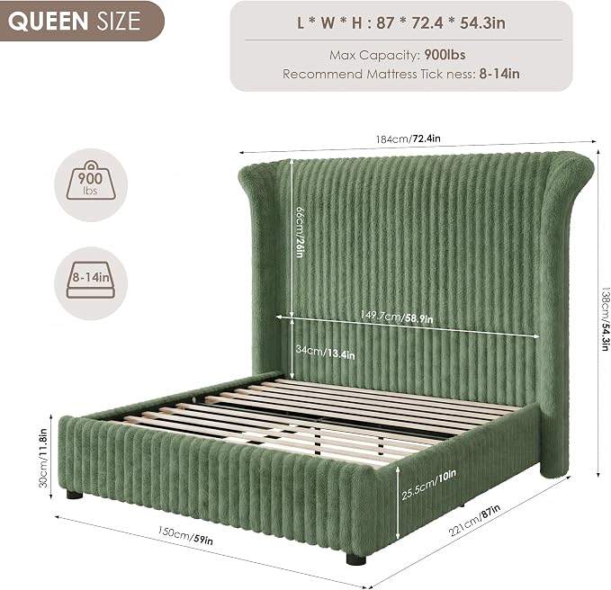 Keyluv Queen Bed Frame with 54” Tall Faux-Fur Wingback Headboard, Upholstered Platform Bed with LED Light, Mattress Foundation with Solid Wooden Slats Support, No Box Spring Needed, Noise-Free, Green