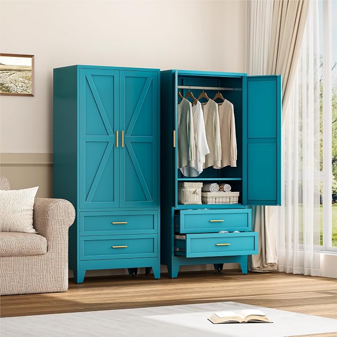 YAUWOH Farmhouse Wardrobe Cabinet with 2 Drawers,Metal Wardrobe Closet with Hanging Rod,Metal Armoire with Adjustable Shelves for Bedroom,Cloak Room,Office (Blue)