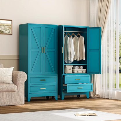 YAUWOH Farmhouse Wardrobe Cabinet with 2 Drawers,Metal Wardrobe Closet with Hanging Rod,Metal Armoire with Adjustable Shelves for Bedroom,Cloak Room,Office (Blue)