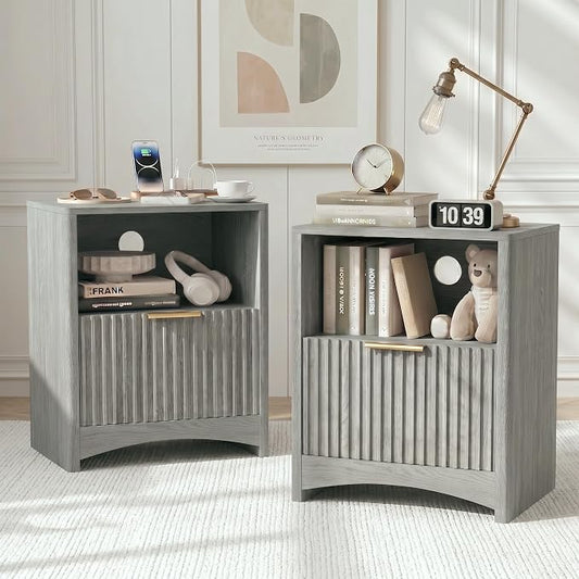 Marsail Fluted Nightstand Set of 2, Wooden Nightstands with Drawers, Modern Bedside Table with Charging Station and Storage, End Table with Storage Side Table for Bedroom, Grey