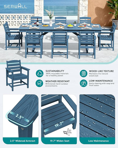SERWALL 10 Piece 84" HDPE Outdoor Dining Set for 8 with 15ft Double-Sided Umbrella, Blue