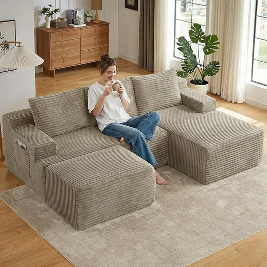 96" Cloud Sectional Couch U-Shaped Chaise with Ottoman, Corduroy Boneless Couch for Living Room Bedroom, Deep-Seat Upholstered Modular Cloud Sofa, No Assembly Required (Camel, Right Facing Chaise)