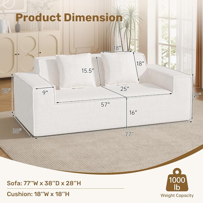 Luxanimarion 77'' Modern Small Loveseat, No Assembly Required Cloud Sofa Cloud Sofa Boneless Couches with 2 pcs Pillows for Living Room, Apartment(Polar Fleece-Beige)