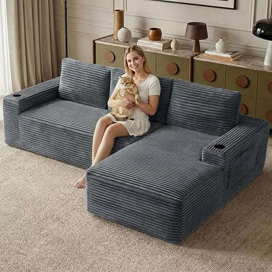 104.3" Modular Sectional Sofa,Modern Corduroy Cloud Couch with Cup Holder & Side Pockets,Boneless Couch Upholstered 4-Seater L-Shaped Sofa for Living Room,No Assembly (Dark Grey, Right-Facing Chaise)