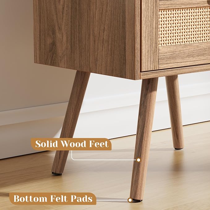 SUPERJARE Nightstands Set of 2, Night Stands with Charging Station & PE Rattan Decor Drawer, Bed Side Tables with Solid Wood Feet, End Table, for Bedroom, Living Room, Walnut
