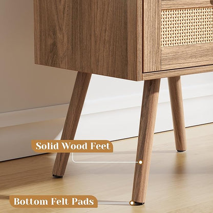 SUPERJARE Nightstand with Charging Station & Rattan-Like Decor Drawer, Rattan End Table with Solid Wood Feet, Bed Side Table with Open Storage, for Bedroom, Living Room, Dormitory, Walnut