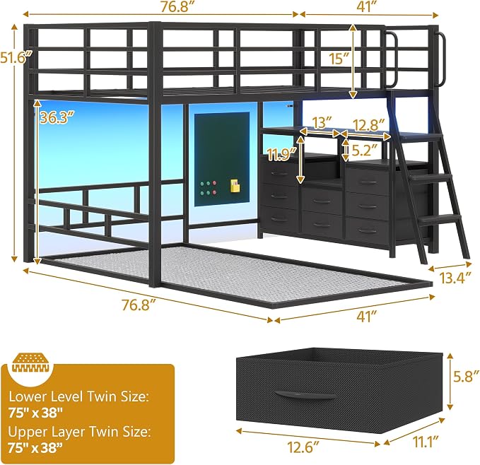 busyaeh Bunk Bed Twin Over Twin,8 Drawers & 4 shelve,15" H Safety Guardrail | Low Bunk Bed with LED Light,Metal L-Shaped Twin Bunk Bed with Charging Station,Floor Bunk Bed with Ladder,Twin bunk bed Black