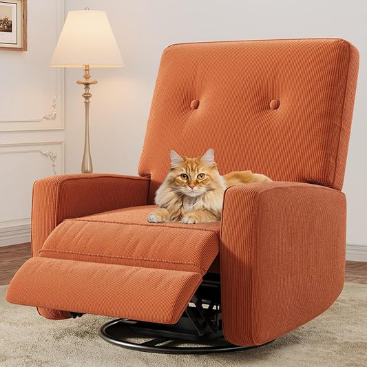 IDEALHOUSE Recliner Chair, 360° Swivel Rocking Glider Chair for Adults with Adjustable Backrest & Footrest, Cozy Corduroy Upholstered Armchair for Living Rooms, Bedrooms, Apartments, Orange