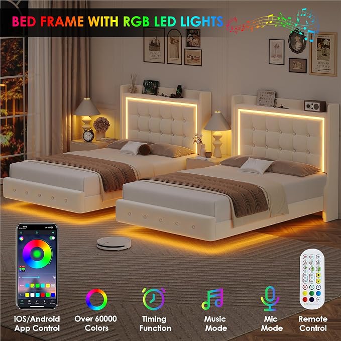Keyluv Twin Floating Bed Frame with Storage Headboard, LED Lights & Charging Station Platform Bed, Soft Upholstered Velvet, USB/Type-C Ports, Easy Assembly, Beige