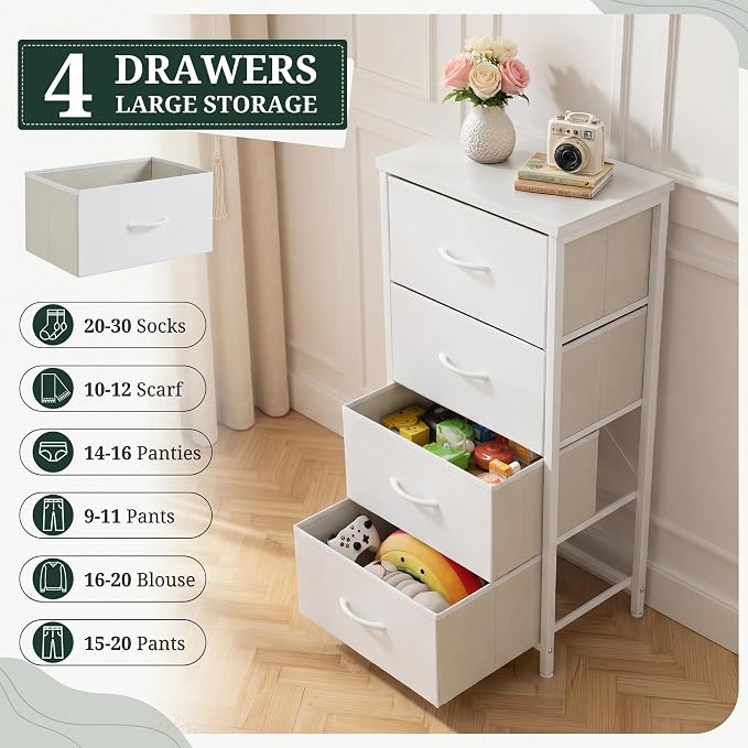 4 Drawers Dresser for Bedroom, Fabric Storage Tower Organizer with Wooden Top and Steel Frame, Tall Chest of Drawers for Closet, Entryway, Dorm, Ivory White
