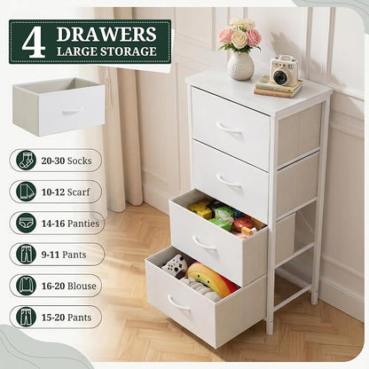 4 Drawers Dresser for Bedroom, Fabric Storage Tower Organizer with Wooden Top and Steel Frame, Tall Chest of Drawers for Closet, Entryway, Dorm, Ivory White