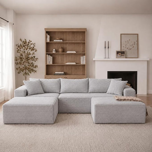Claiks 94" Boneless Couch, Cloud Couch Sectional, U-Shape Corduroy Modular Sectional Sofa Deep Seat, Upholstered Couches for Living Room, No Assembly Required, Light Grey
