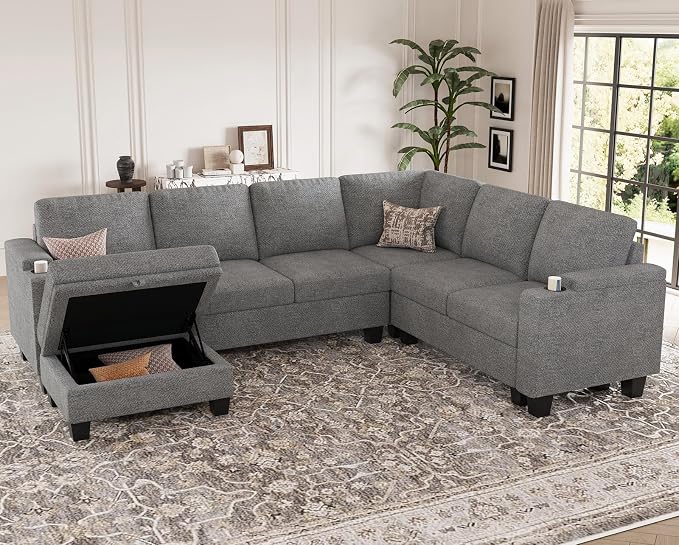 Belffin Chenille Modular Sectional Sofa Convertible L Shaped Corner Couches for Living Room with Storage Armrest with Cup Holder Light Grey Couch