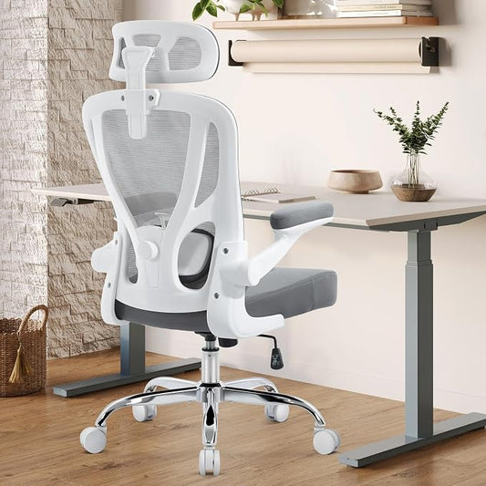 Office Chair Ergonomic Office Chair with Lumbar Support, Head Support, Rocking Function, Flip-up Armrests, Mesh High Back Chair Home Office Desk Chair, Suitable for Home Office, Grey, 1 Pk