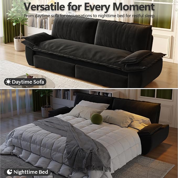 70.1" Sofa Bed Queen Size, Pull Out Couch Bed, 3-in-1 Convertible Sleeper Sofa with Cushion Armrest, Modern Velvet Futon Couch for Living Room, Small Space, Apartment, Bedroom, Black