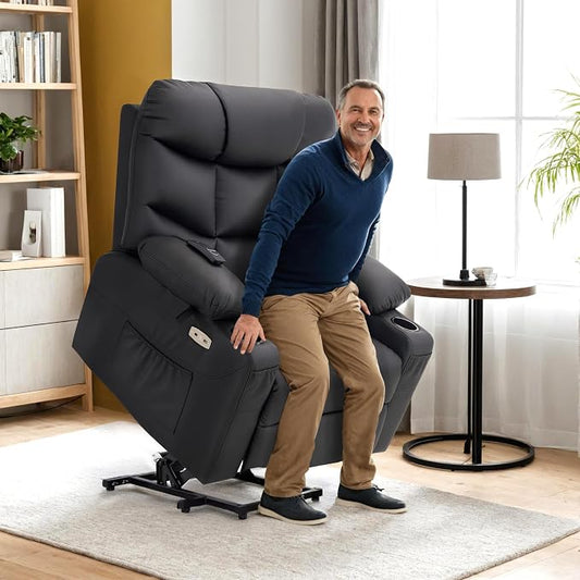 MCombo Power Lift Recliner Chair for Elderly, Electric Lift Chair with Extended Footrest, USB Ports, Cup Holders, Faux Leather 7287 (Black, Medium)