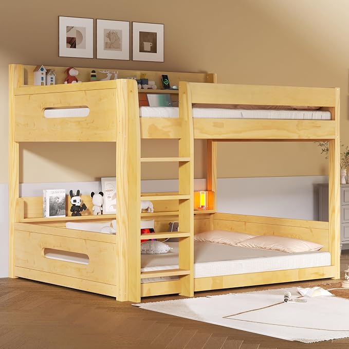 Wood Bunk Bed Queen over Queen Size with Built-in Storage Shelves and USB Ports on Upper and Lower, Versatile Bunk Bed Frame with Ladder and Guardrail for Kids Teens Adult, Maximize Space (Wood-1.1)