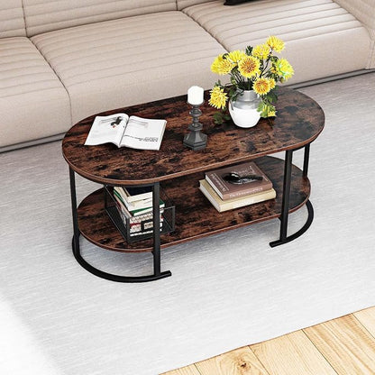 Giantex 2-Tier Coffee Table, Oval Center Table with Wood Grain Top & Open Storage Shelf, Modern Accent Table with Heavy Duty Metal Frame, Cocktail Table for Living Room Reception (Rustic Brown)
