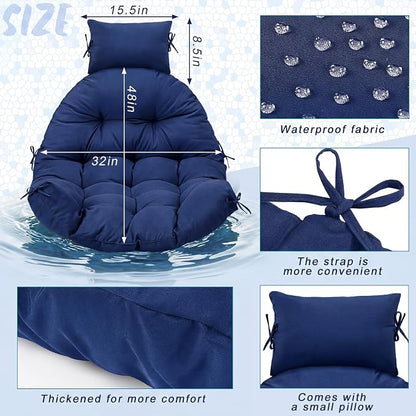 Tudomro Waterproof Egg Chair Cushion with Pillow Filling 2.58 kg Replacement Rocking Wicker Chair Cushion 48" x 32" High Back Hanging Swing Hammock Pad Thicken for Outdoor Patio Garden(Navy Blue)