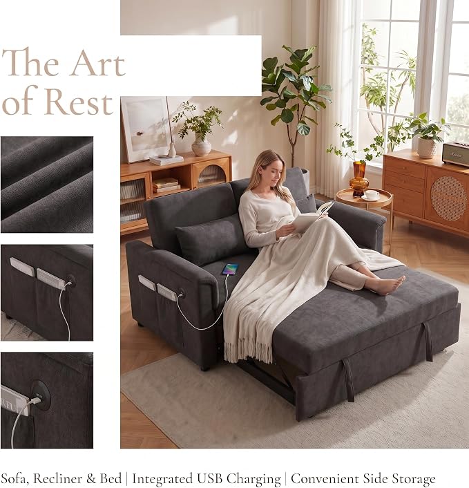 Sofa Bed, Pull Out Couch with Side Pockets, 3 in 1 Velvet Loveseat Sleeper Sofas Beds with USB Ports, Sofa Bed Couch with Adjustable Backrest for Living Room, Bedroom, Apartment, Gray