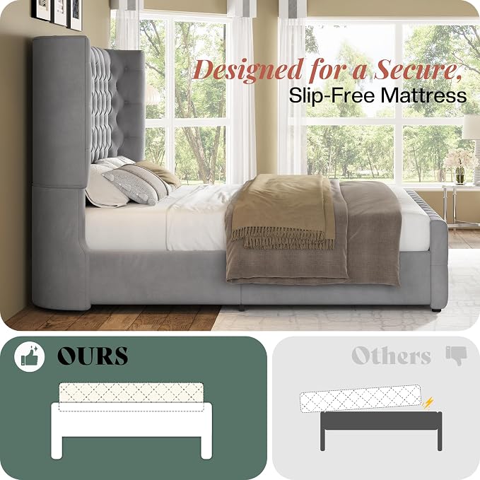 Jocisland California King Size Upholstered Bed Frame with 6.3-Inch Curved Wingback Headboard, Tufted Footboard, Wood Slats, No Box Spring Needed, Light Grey Velvet