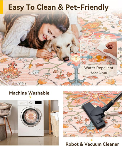 RELEANY Area Rugs Round 10ft Washable Non-Slip, Floral Vintage Distress Medallion Carpet for Living Room Bedroom Dining Room, Light Pink Colorful