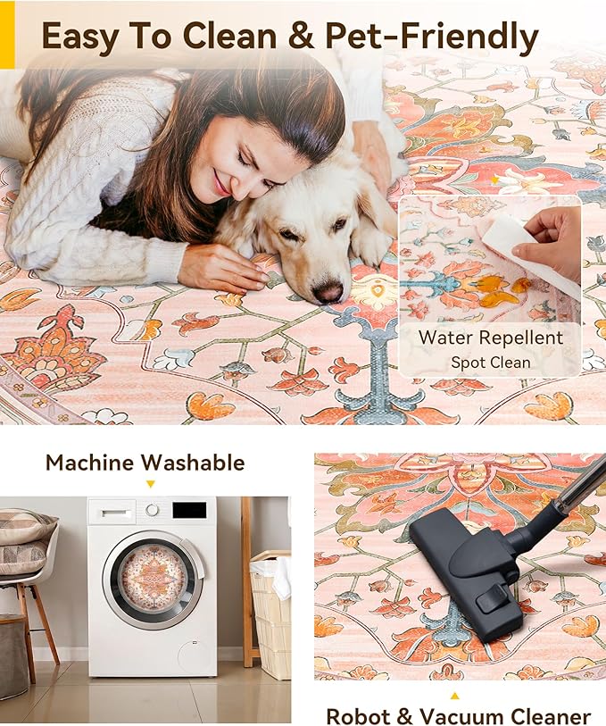 RELEANY Area Rugs Round 5ft Washable Non-Slip, Floral Vintage Distress Medallion Carpet for Living Room Bedroom Dining Room, Light Pink Colorful