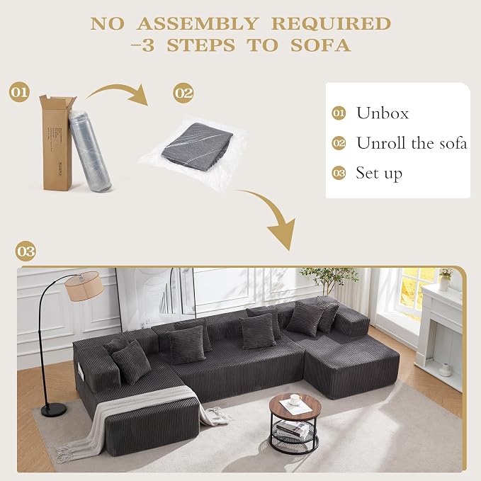 HOMREST 131" Boneless Memory Foam Sofa with Chaise Lounge, Comfy Corduroy Deep Seat Modular Sectional Couch, Large U-Shaped Floor Sofa for Living Room & Apartment, No Assembly Required Gray