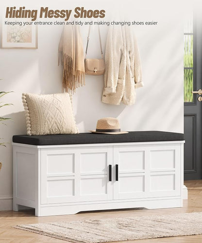 Akxomel Shoe Bench with Storage, 39.4" Entryway Bench with Padded Cushion, 2-Tier Shoe Cabinet Bench with Adjustable Shelves and 2 Cross Molding Doors, for Hallway, Living Room, Bedroom, White
