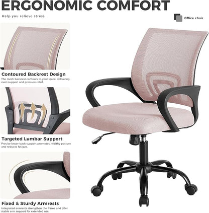 OLIXIS Office Desk Chair - Ergonomic Mid Back with Lumbar Support & Rocking Mode, Height Adjustable with Fixed Armrest, Storage Back for Computer, Gaming, Conference, Meeting Room, 360° Swivel, Pink