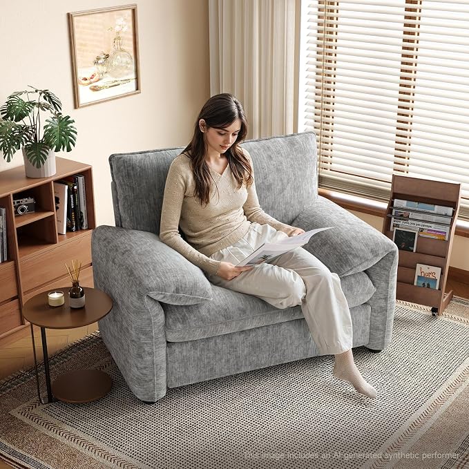ONBRILL Oversized Accent Chair, 41 Inch Chenille Fabric Armchair, Comfy Single Sofa Chair with Padded Arms, Pocket Spring Cushion, Modern Reading Chair for Living Room, Bedroom, Grey