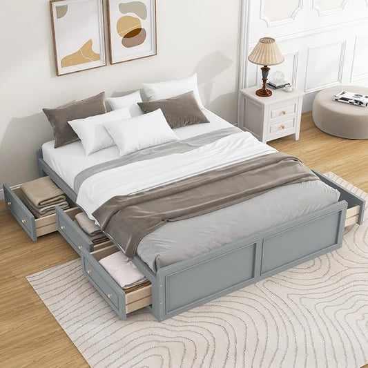 Merax Wood Queen Size Platform Bed Frame with 6 Drawers, Storage Bed Frame Without Headboard for Kids Teens and Adults, Gray