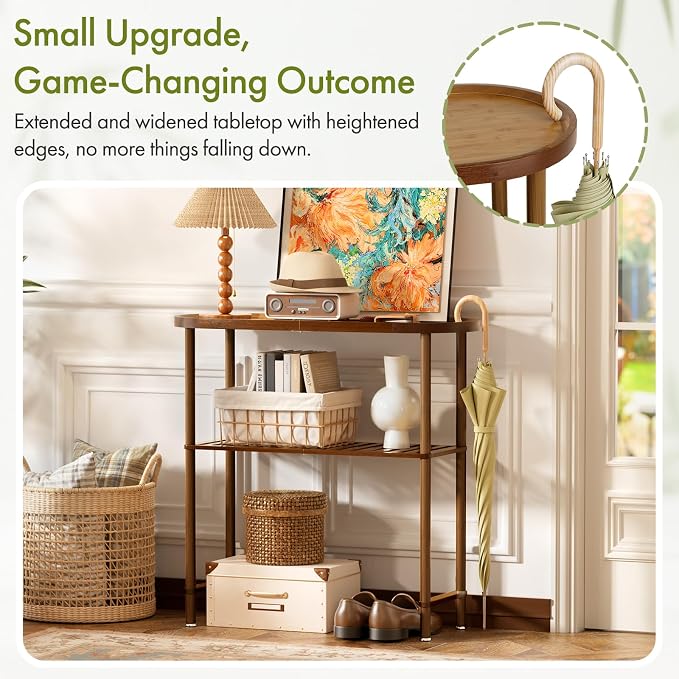 Small Entryway Table Bamboo 30.7", Narrow Hallway Table 2-tier, Slim Console Table with Anti-fall Edge, Sofa Side Table 5min Easy Assembly, Small TV Stand for Bedroom, Indoor Plant Stand, Dark Walnut