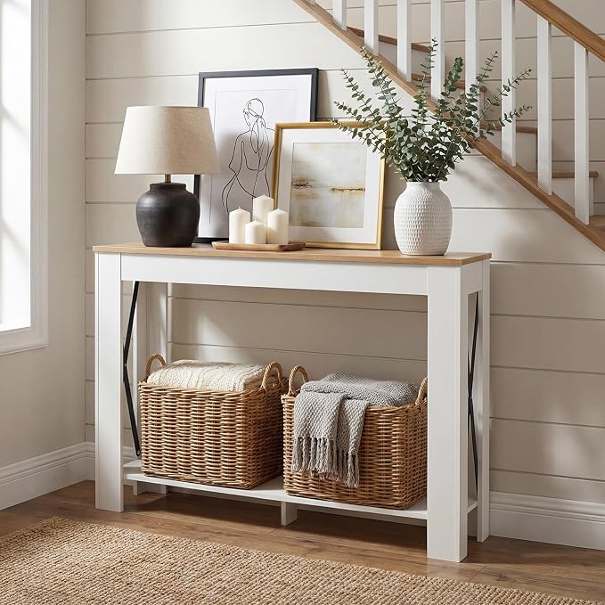 YATINEY Farmhouse Console Table, 39.4'' Small Narrow Entryway Table, Wood Couch Table Behind Sofa with Storage Shelf, Slim Farmhouse Hallway Table for Hallway, Foyer, White & Light Walnut CT34WV