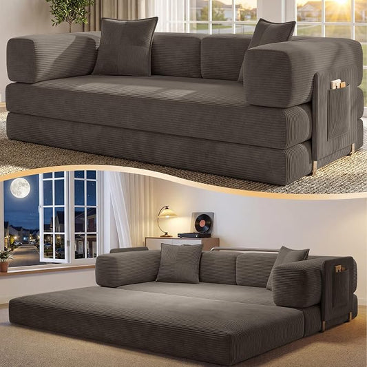 78.8" Convertible Futon Sofa Bed,Corduroy Futon Couch with Storage Pocket,Folding Pull Out Sofa,No Assembly Boneless Couch for Living Room,Taupe