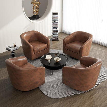 360° Swivel Barrel Accent Chair Armchair, PU Leather Round Club Arm Chair for Lving Room, Modern Upholstered Small Bedroom Single Sofa Seat - Coffee Brown, Set of 4