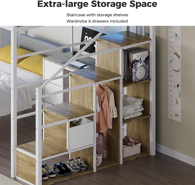 Kikihouse Full Over Twin Loft Bunk Bed with Desk, Stairs, Drawers & Storage Shelves, L-Shaped Metal Bunk Bed with Charging Station & LED Light for Kids, Teens, Adults (Full Over Twin)