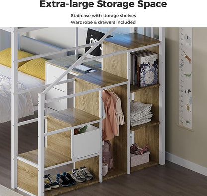 Kikihouse Full Over Twin Loft Bunk Bed with Desk, Stairs, Drawers & Storage Shelves, L-Shaped Metal Bunk Bed with Charging Station & LED Light for Kids, Teens, Adults (Full Over Twin)