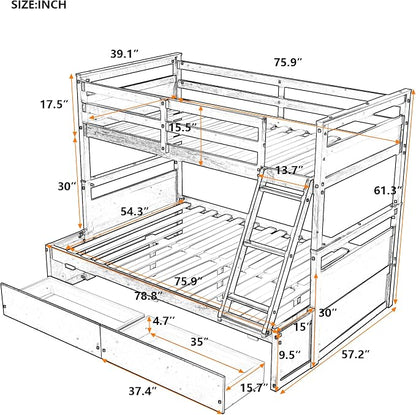 Twin Over Full Bunk Beds with 2 Under Bed Storage Drawers, Stronger & More Stable Bunkbed, Espresso