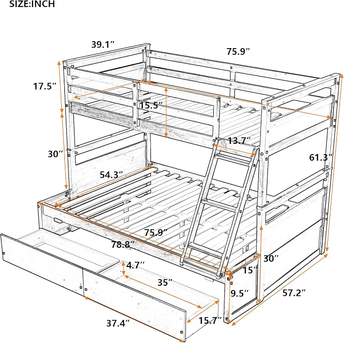Merax Twin Over Full Bunk Bed, Wood Bunk Bed with Removable Ladders and Two Storage Drawers, Convertible into Two Individual Beds (Espresso)