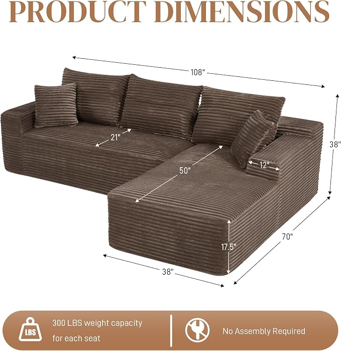 108" L Shaped Cloud Boneless Sectional Couches for Living Room, Modern Comfy Modular Deep Seat Memory Foam Compressed Corduroy Sofa Oversized Right Facing Chaise, No Assembly Required, Brown