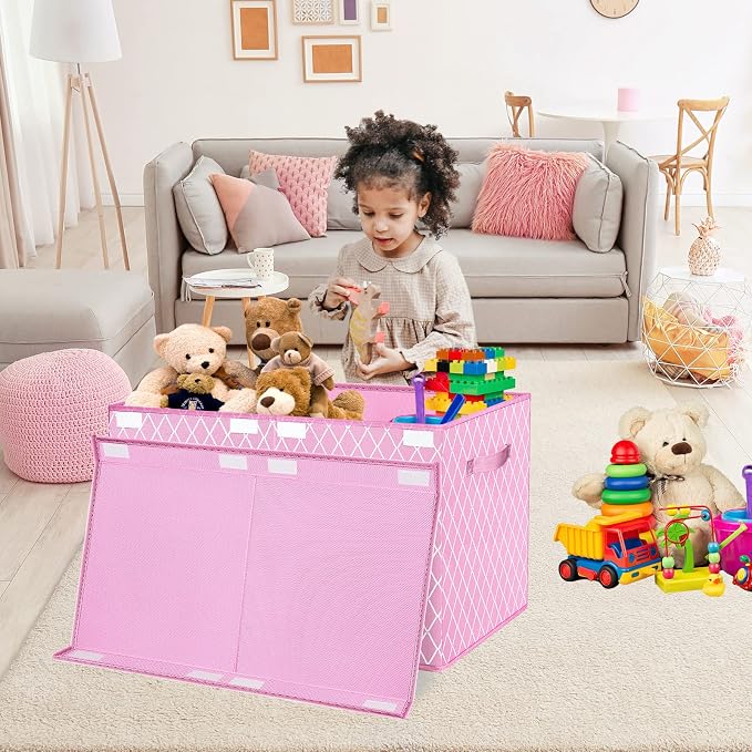 Toy Box Chest Organizer Bins for Girls Boys, Kids Large Fabric Collapsible Storage Basket Container with Flip-Top Lid & Handles for Clothes,Blanket,Nursery,Playroom,Bedroom (Pink)